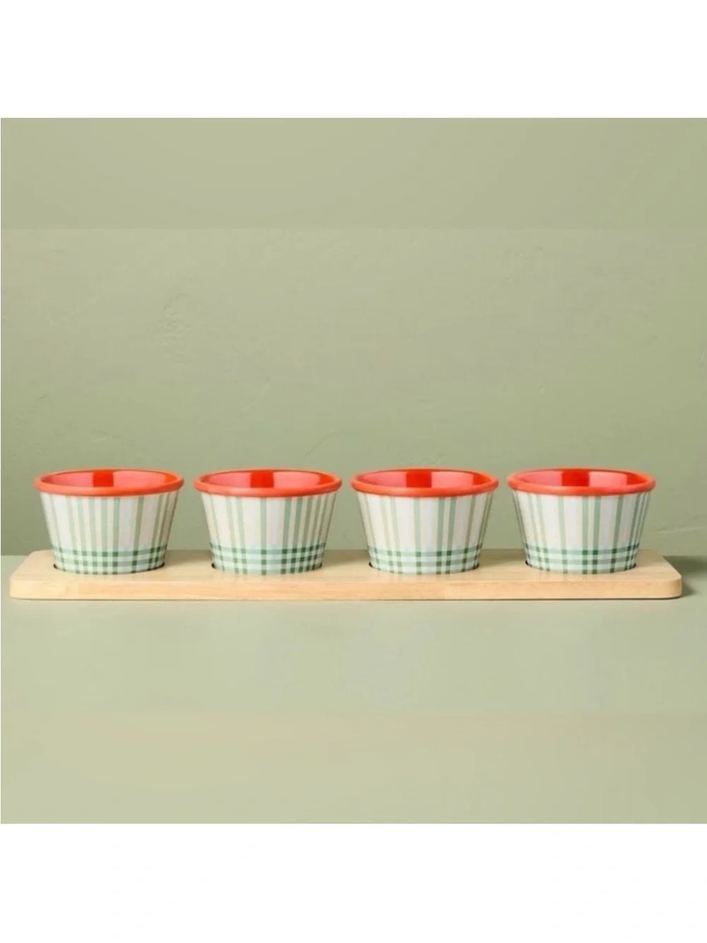 Hearth & Hand *SET OF 4* Plaid Melamine Mini Bowls & Bamboo Wood Tray Serving
